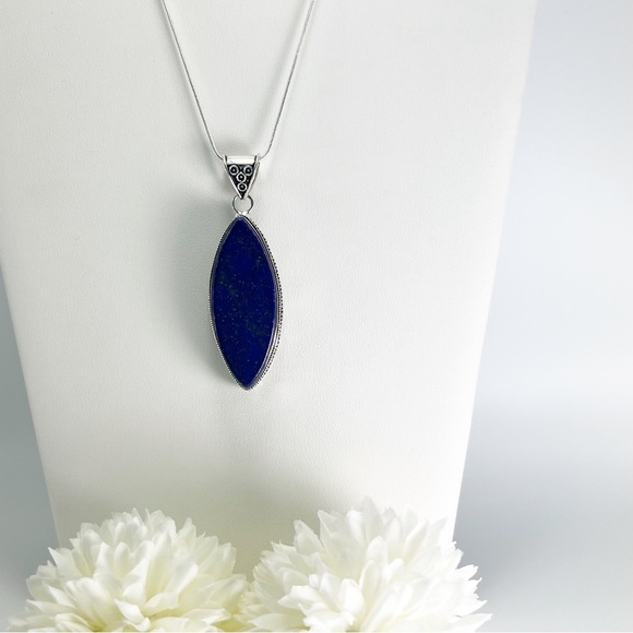 Large Lapis Lazuli Pendant Necklace Sterling Silver 925 Marquise Vintage Antique - Picture 5 of 11
